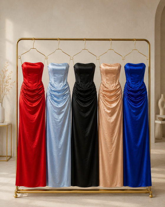 Rochie lunga eleganta fara bretele, cu bust tip corset si drapaje laterale [2]