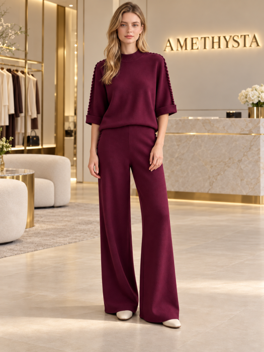 Compleu dama tricot cu pantaloni evazati si detalii decorative laterale [8]