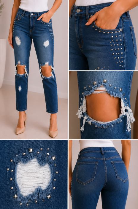 Blugi dama albastri cu rupturi decorative si tinte metalice [2]