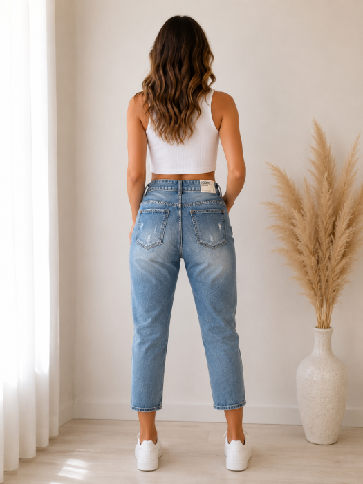 Blugi dama cu perle aplicate si rupturi decorative, croi boyfriend [2]