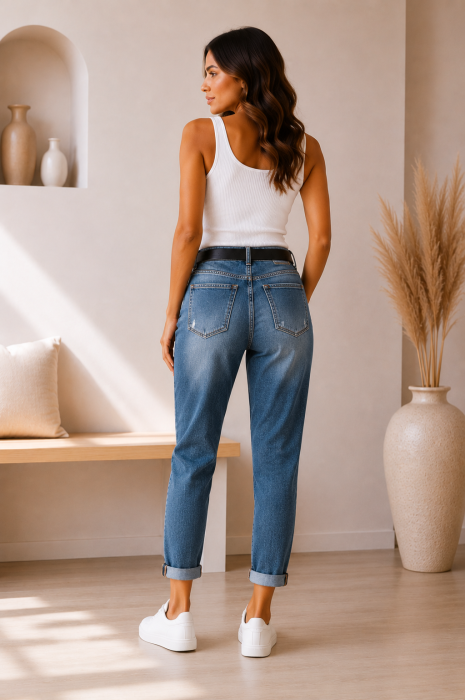 Blugi dama gri boyfriend cu rupturi decorative si curea neagra [4]