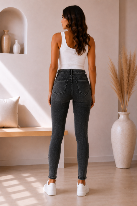 Blugi skinny dama cu aspect prespalat din bumbac, talie inalta [2]