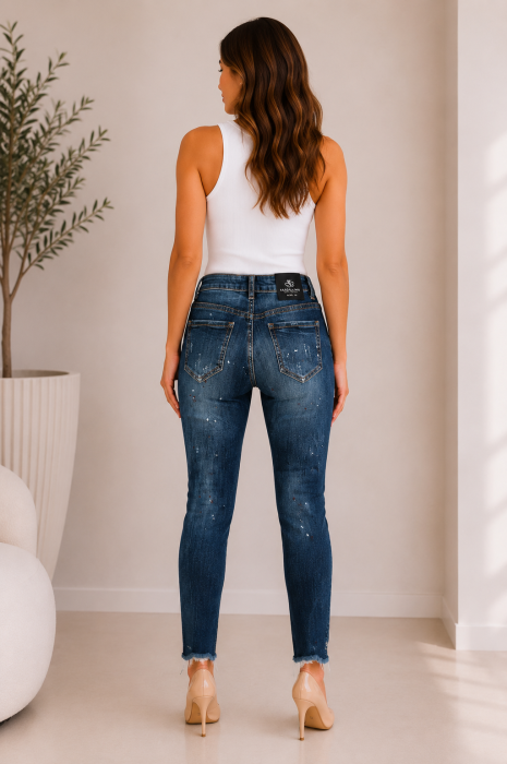 Blugi skinny dama cu efect prespalat, rupturi si imprimeu stropit cu vopsea [2]
