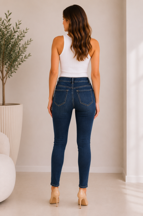 Blugi skinny dama cu nasturi decorativi la glezna din bumbac [3]