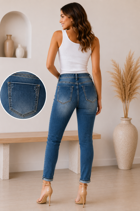 Blugi skinny dama cu strasuri pe buzunarele din spate din bumbac [2]