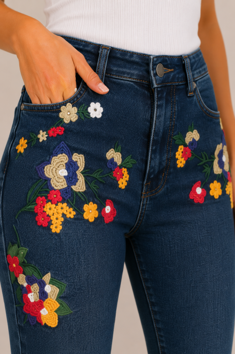 Blugi skinny dama cu talie inalta si broderie florala multicolora [2]
