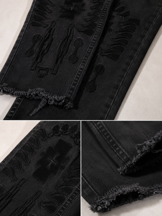 Blugi skinny negri cu broderie azteca pe gamba din bumbac [2]