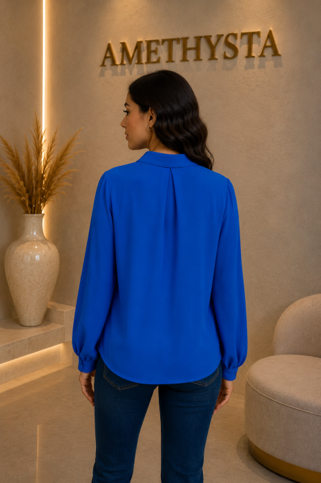 Bluza albastra eleganta cu dantela la umeri si decolteu in V [3]