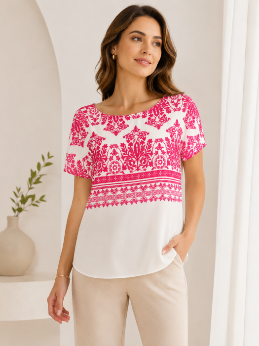 Bluza dama alba cu imprimeu floral albastru si maneca scurta [2]