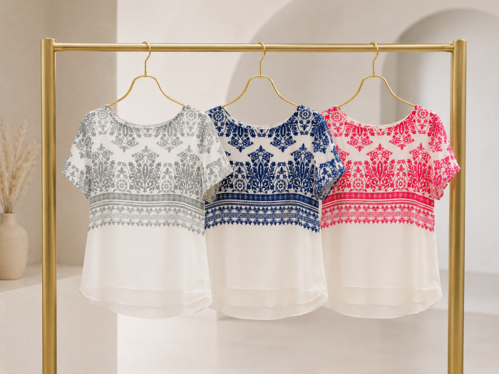 Bluza dama alba cu imprimeu floral albastru si maneca scurta [3]