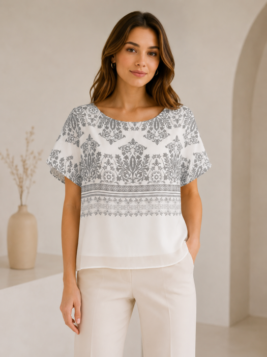 Bluza dama alba cu imprimeu floral albastru si maneca scurta [4]