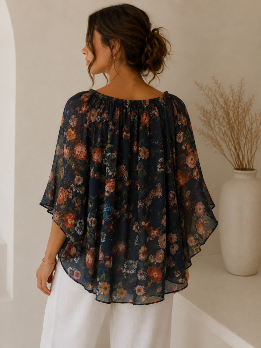Bluza dama bleumarin cu imprimeu floral, decolteu in V si maneci vaporoase [2]