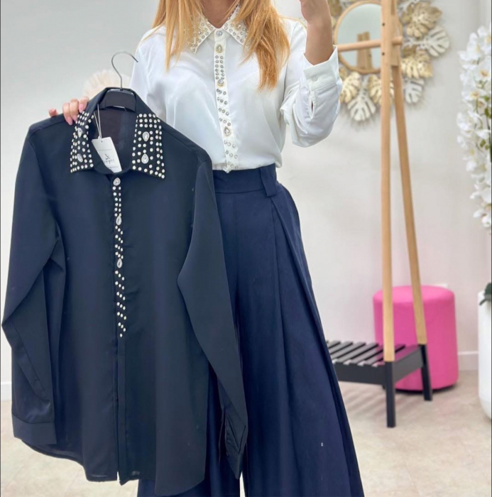 Bluza Dama, Camasa Dama cu Guler Ascutit si Strasuri si Perle Decorative - ALN [8]