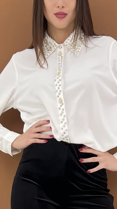 Bluza Dama, Camasa Dama cu Guler Ascutit si Strasuri si Perle Decorative - ALN [1]