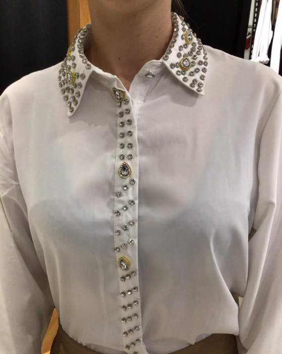 Bluza Dama, Camasa Dama cu Guler Ascutit si Strasuri si Perle Decorative - ALN [3]