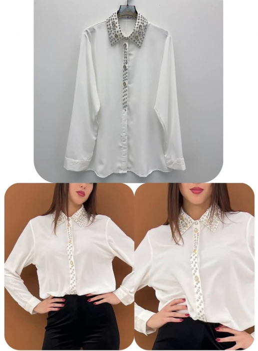 Bluza Dama, Camasa Dama cu Guler Ascutit si Strasuri si Perle Decorative - ALN [2]
