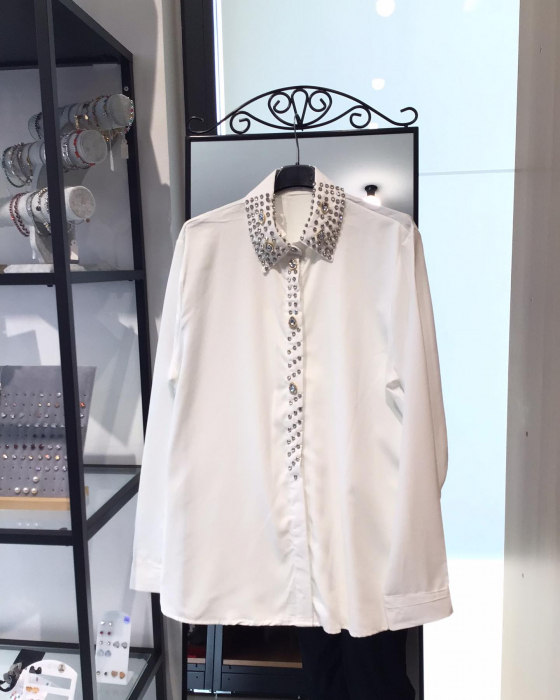 Bluza Dama, Camasa Dama cu Guler Ascutit si Strasuri si Perle Decorative - ALN [6]