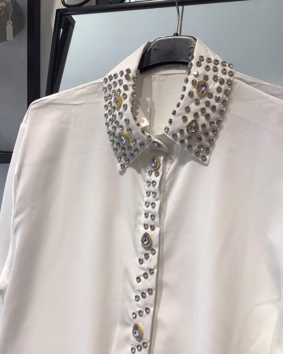 Bluza Dama, Camasa Dama cu Guler Ascutit si Strasuri si Perle Decorative - ALN [4]