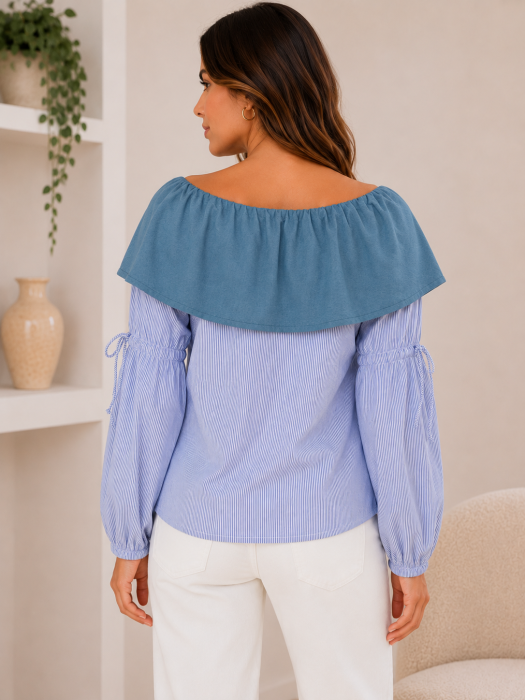 Bluza dama cu insertie tip camasa, umeri lasati si broderie florala [2]