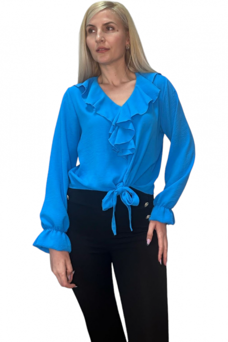 Bluza dama cu volane si funda in talie - Jolie - Bleu [3]
