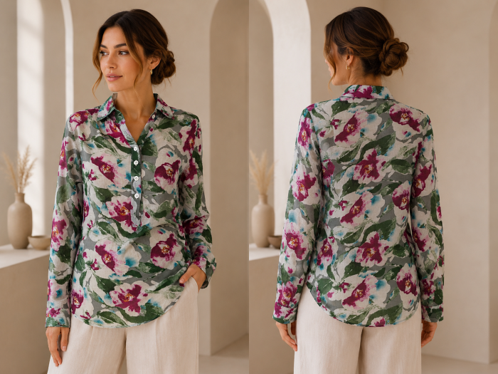 Bluza dama din panza cu imprimeu floral si guler clasic [3]