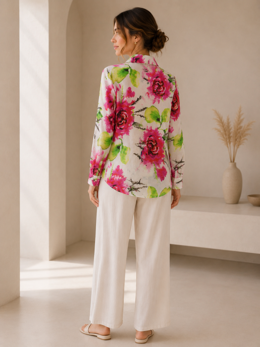 Bluza dama din panza cu imprimeu floral si guler clasic [2]