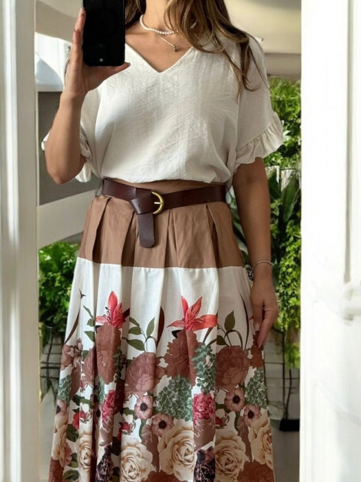 Bluza dama eleganta din vascoza cu decolteu in V si funda la spate, maneca scurta cu volan, ivory [1]