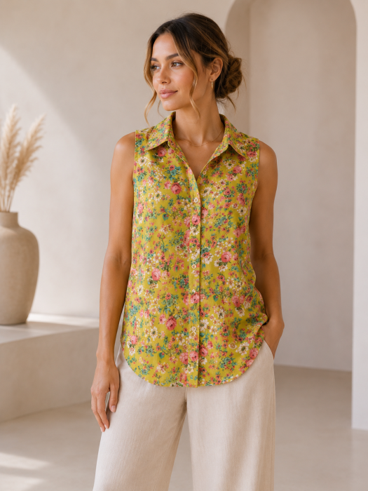 Bluza dama fara maneci cu imprimeu floral si guler clasic [2]