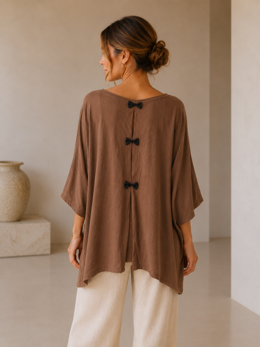 Bluza dama lejera din viscoza maro cu croi oversized si detalii decorative la spate [2]
