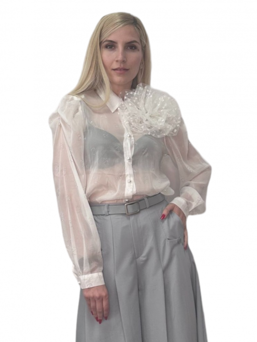 Bluza dama ornata cu floare pe umar și strasuri - Dianne - alb [1]