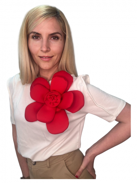 Bluza dama ornata cu trandafir rosu - Flower - alb [2]
