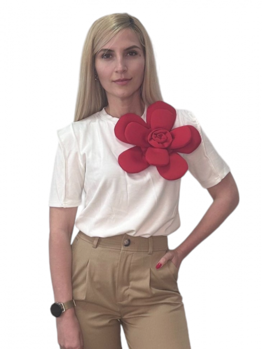 Bluza dama ornata cu trandafir rosu - Flower - alb [1]