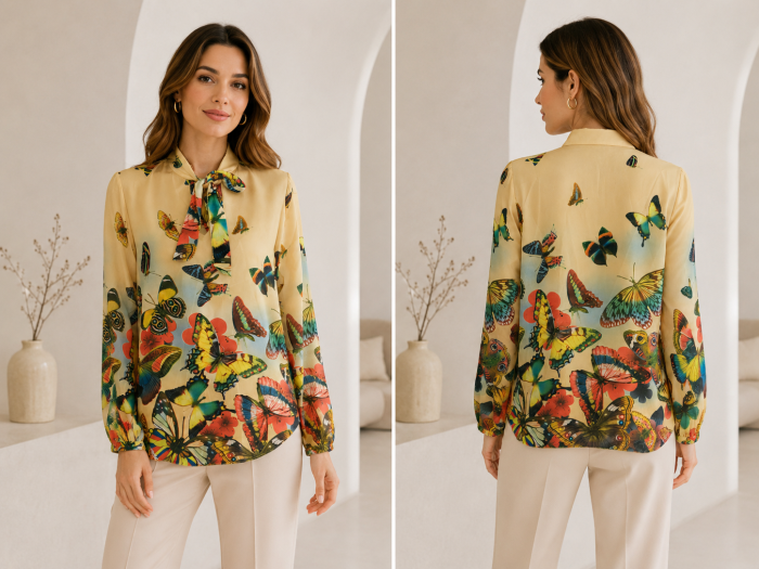 Bluza dama roz cu imprimeu fluturi multicolori si funda la gat [2]