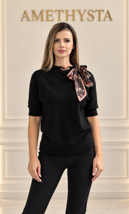 Bluza dama tricotata cu esarfa florala, maneci scurte si croi lejer [9]
