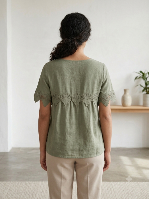 Bluza din bumbac cu broderie decorativa si maneci scurte verde olive [2]