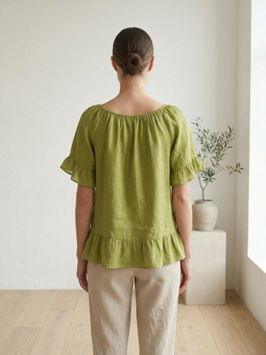 Bluza din in cu umeri elastici si volane decorative verde olive [2]