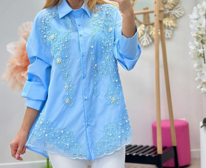 Bluza eleganta cu broderie si perle – albastru, alb, negru – marime universala [3]