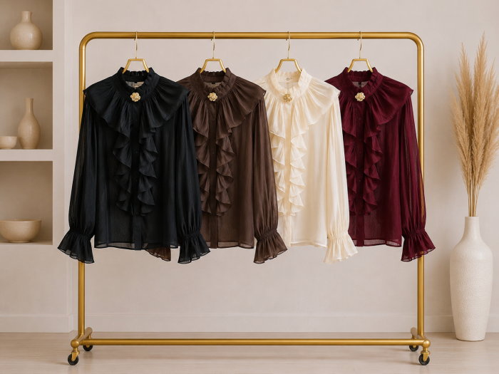 Bluza eleganta cu volane, guler inalt si brosa decorativa [2]