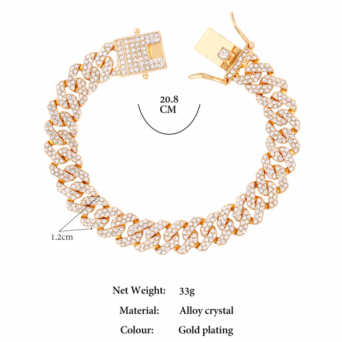 Bratara Cuban, Cristal Zirconiu ICED OUT MIAMI lant zale 12mm/20cm, inchidere cu siguranta, din otel inoxidabil placat cu aur, Hip-Hop Style [5]
