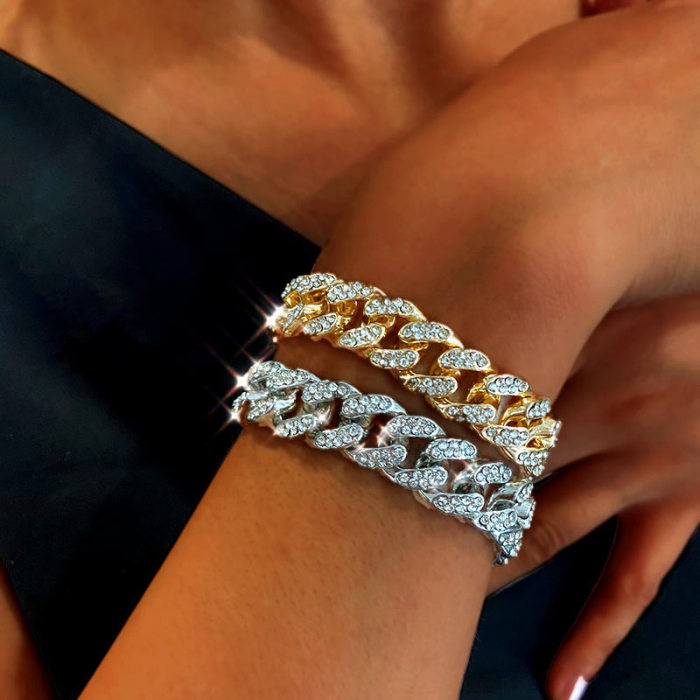 Bratara Cuban, Cristal Zirconiu ICED OUT MIAMI lant zale 12mm/20cm, inchidere cu siguranta, din otel inoxidabil placat cu aur, Hip-Hop Style [4]