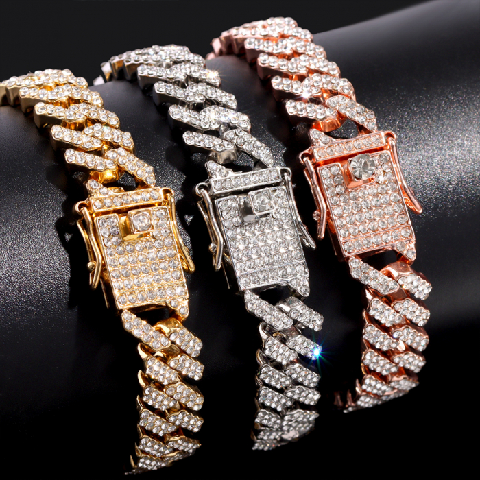 Bratara Cuban, Cristal Zirconiu ICED OUT MIAMI lant zale 12mm/20cm, inchidere cu siguranta, din otel inoxidabil placat cu aur, Hip-Hop Style [3]