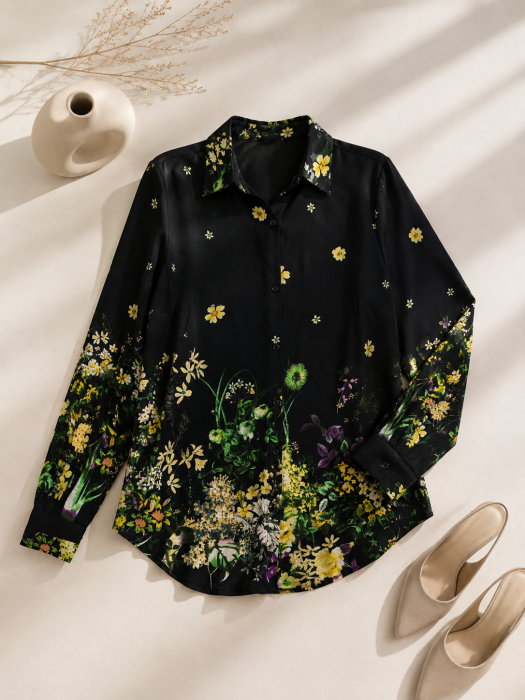 Camasa dama neagra cu imprimeu floral si croi lejer din  bumbac [2]