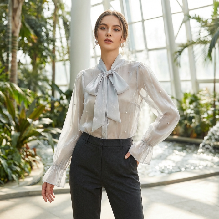 Camasa dama organza cu perle si funda la guler [6]