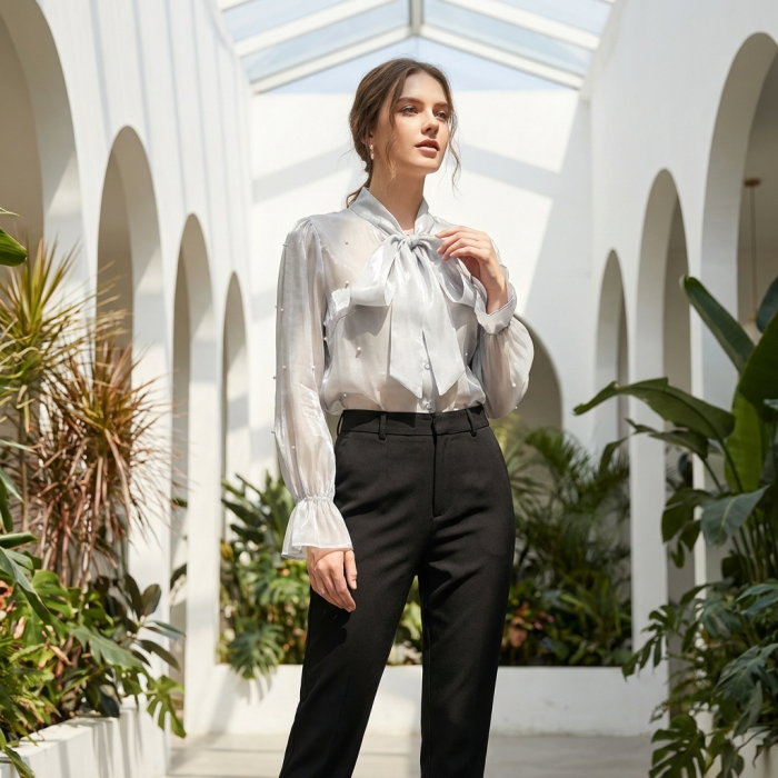 Camasa dama organza cu perle si funda la guler [5]