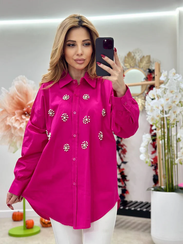 Camasa dama oversized cu perle aplicate, 100% bumbac, model casual-elegant [5]