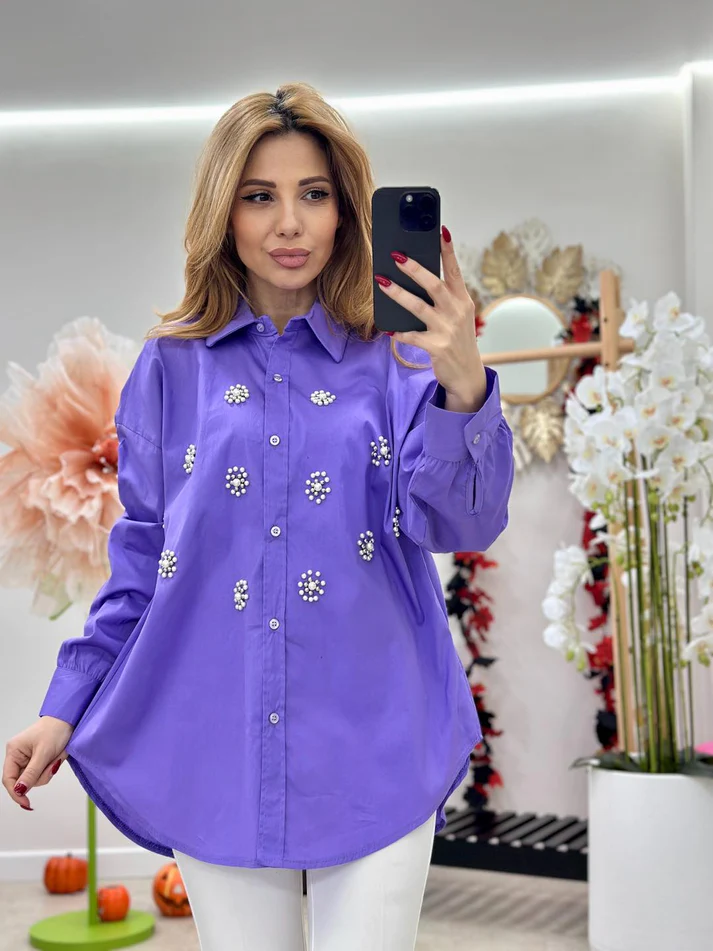 Camasa dama oversized cu perle aplicate, 100% bumbac, model casual-elegant [2]