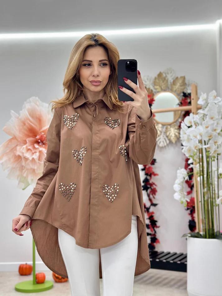 Camasa dama oversized cu perle aplicate, 100% bumbac, model casual-elegant [1]