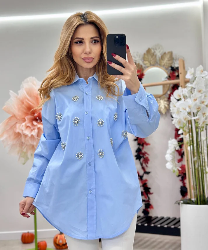 Camasa dama oversized cu perle aplicate, 100% bumbac, model casual-elegant [4]
