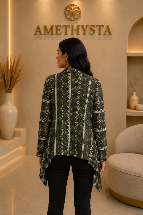 Cardigan asimetric kaki cu model geometric si croi deschis [2]
