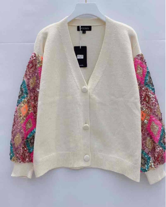 Cardigan Dama Crosetat din Amestec de Lana si Maneci cu Paiete Multicolore [2]